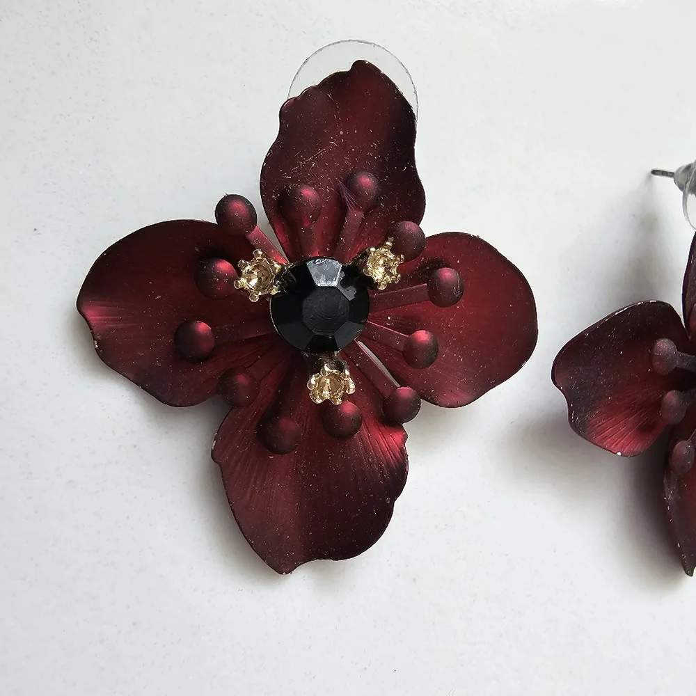 H&M Red Flower Large Metal Pierced Earrings